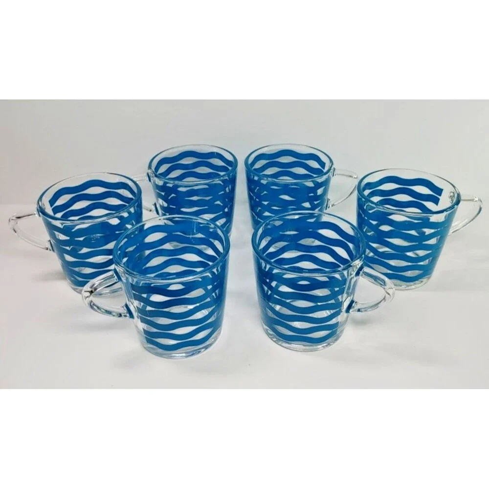 IKEA Satsning Glass Mugs/Cups Set- 6 Retired Blue Waves Stripes 3.5